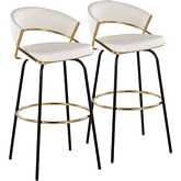 Jie 30" Swivel Bar Stool in Gold, White Leatherette & Black Metal Legs (Set of 2)